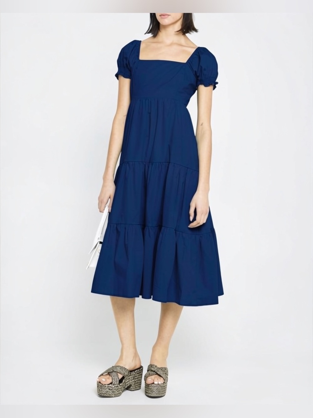 o.p.t Square Neck Tiered Midi Dress in Navy with Back Ties